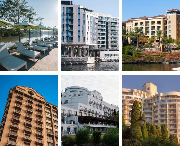Lüks oteller, sahil tatil köyleri, modern konaklama tesisleri ve premium konaklama yatırımlarını içeren kolaj.
